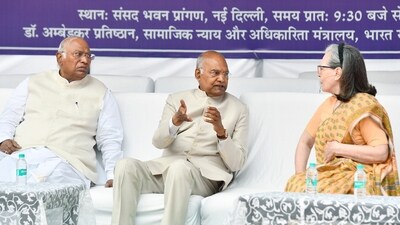 Congress Parliamentary Party (CPP) Chairperson Sonia Gandhi with party president Mallikarjun Kharge and Former President Ram Nath Kovind at the birth anniversary celebrations of Dr BR Ambedkar, observed as 'Ambedkar Jayanti', in New Delhi. (ANI) Congress Parliamentary Party (CPP) Chairperson Sonia Gandhi with party president Mallikarjun Kharge and Former President Ram Nath Kovind at the birth anniversary celebrations of Dr BR Ambedkar, observed as 'Ambedkar Jayanti', in New Delhi. (ANI)