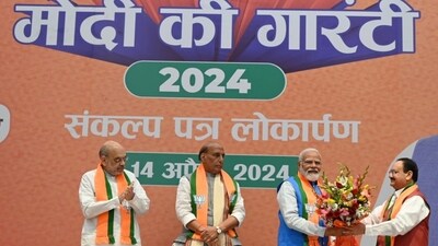 Prime Minister Narendra Modi, BJP president JP Nadda and other senior leaders at the release of Sankalp Patra for Lok Sabha elections 2024 at BJP headquarters in New Delhi on Sunday. (Ajay Aggarwal/HT photo) Prime Minister Narendra Modi, BJP president JP Nadda and other senior leaders at the release of Sankalp Patra for Lok Sabha elections 2024 at BJP headquarters in New Delhi on Sunday. (Ajay Aggarwal/HT photo)