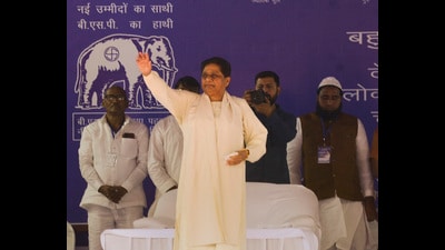 BSP chief Mayawati waves at crowd during an election campaign rally, ahead of Lok Sabha polls, in Muzaffarnagar, Sunday (PTI)