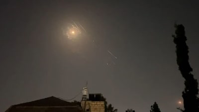 This video grab from AFPTV taken on April 14, 2024 shows explosions lighting up Jerusalem sky during Iranian attack on Israel. (AFP)