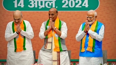 Prime Minister Narendra Modi stands with senior Bharatiya Janata Party (BJP) leaders, Home Minister Amit Shah, Defence Minister Rajnath Singh at an event during which he released BJP's manifesto for the upcoming Lok Sabha election (AP) Prime Minister Narendra Modi stands with senior Bharatiya Janata Party (BJP) leaders, Home Minister Amit Shah, Defence Minister Rajnath Singh at an event during which he released BJP's manifesto for the upcoming Lok Sabha election (AP)