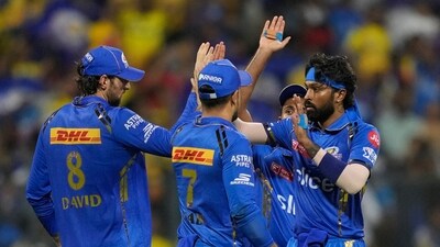 Mumbai Indians' captain Hardik Pandya, right, celebrates the wicket of Chennai Super Kings' captain Ruturaj Gaikwad during the Indian Premier League cricket match. (AP) Mumbai Indians' captain Hardik Pandya, right, celebrates the wicket of Chennai Super Kings' captain Ruturaj Gaikwad during the Indian Premier League cricket match. (AP)