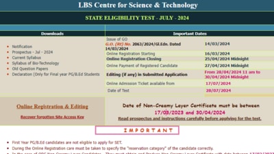 LBS Centre for Science & Technology has extended the registration window for Kerala SET July 2024 till April 25, 2024. LBS Centre for Science & Technology has extended the registration window for Kerala SET July 2024 till April 25, 2024.