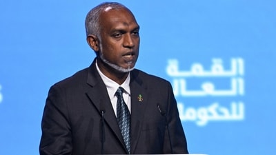 Maldives' President Mohamed Muizzu speaks during the World Government Summit in Dubai on February 13, 2024. (AFP) Maldives' President Mohamed Muizzu speaks during the World Government Summit in Dubai on February 13, 2024. (AFP)