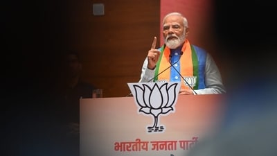 Prime Minister Narendra Modi at the BJP's Sankalp Patra launch event for the Lok Sabha Elections 2024 at BJP headquarters in New Delhi on Sunday. (Ajay Aggarwal/HT photo) Prime Minister Narendra Modi at the BJP's Sankalp Patra launch event for the Lok Sabha Elections 2024 at BJP headquarters in New Delhi on Sunday. (Ajay Aggarwal/HT photo)