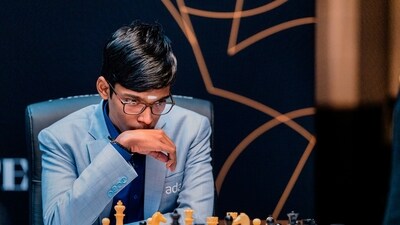 Grandmaster R Praggnanandhaa during Round 6 match against Grandmaster Nijat Abasov at the FIDE Candidates 2024 chess tournament, in Toronto, Canada. (PTI)