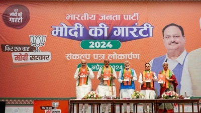 Prime Minister Narendra Modi, union home minister Amit Shah, union defence minister Rajnath Singh, union finance minister Nirmala Sitharaman and BJP national president JP Nadda release the party's manifesto. (PTI)