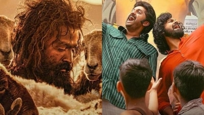 Stills of latest Malayalam releases Aadujeevitham and Varshangalkku Shesham. Stills of latest Malayalam releases Aadujeevitham and Varshangalkku Shesham.