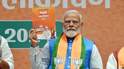 Prime Minister Narendra Modi during the launch of the BJP's Lok Sabha poll manifesto at the party headquarters in Delhi on Sunday. (Photo by Ajay Aggarwal/ Hindustan Times)) Prime Minister Narendra Modi during the launch of the BJP's Lok Sabha poll manifesto at the party headquarters in Delhi on Sunday. (Photo by Ajay Aggarwal/ Hindustan Times))