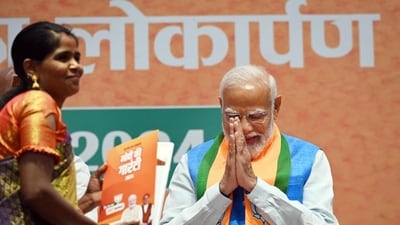 Prime Minister Narendra Modi during the release of the BJP’s Lok Sabha poll manifesto at the party’s headquarters in Delhi on Sunday. (Photo by Ajay Aggarwal/ Hindustan Times) Prime Minister Narendra Modi during the release of the BJP’s Lok Sabha poll manifesto at the party’s headquarters in Delhi on Sunday. (Photo by Ajay Aggarwal/ Hindustan Times)