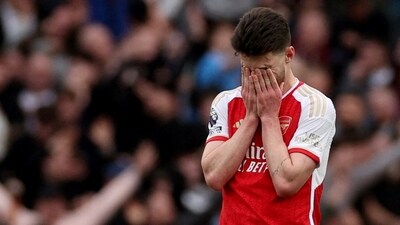 Arsenal vs Aston Villa: Declan Rice reacts after yet another wasted chance against Villa. (Action Images via Reuters)