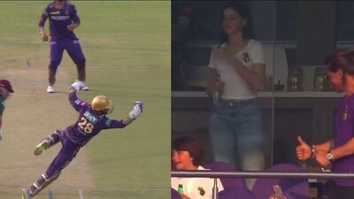 Shah Rukh Khan reacts after Phil Salt's brilliant catch behind the stumps. (X Images) Shah Rukh Khan reacts after Phil Salt's brilliant catch behind the stumps. (X Images)