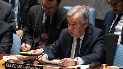 Israel-Hamas War: UN Secretary-General Antonio Guterres speaks during a United Nations Security Council meeting on Gaza. (AFP) Israel-Hamas War: UN Secretary-General Antonio Guterres speaks during a United Nations Security Council meeting on Gaza. (AFP)