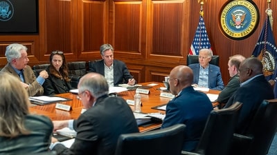 US president Joe Biden (C) in a meeting with his national security team in Washington, DC, after Iran launched a drone and missile attack on Israel. (AFP) US president Joe Biden (C) in a meeting with his national security team in Washington, DC, after Iran launched a drone and missile attack on Israel. (AFP)