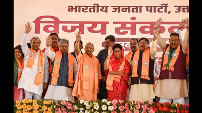 Uttar Pradesh Chief Minister Yogi Adityanath with others during a public meeting in support of BJP candidate from Tehri constituency Mala Rajya Laxmi Shah ahead of the Lok Sabha polls, in Dehradun on Sunday (Virender Singh Negi/ ANI) Uttar Pradesh Chief Minister Yogi Adityanath with others during a public meeting in support of BJP candidate from Tehri constituency Mala Rajya Laxmi Shah ahead of the Lok Sabha polls, in Dehradun on Sunday (Virender Singh Negi/ ANI)