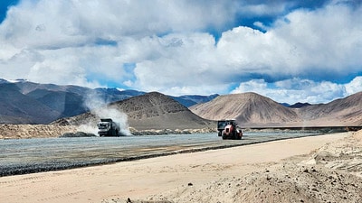 Work on to upgrade the runway at Nyoma airbase. (HT Photo) Work on to upgrade the runway at Nyoma airbase. (HT Photo)