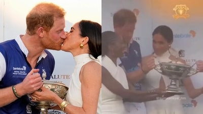 Britain's Prince Harry and wife Meghan Markle, Duchess of Sussex, kiss as she presents his polo team with the trophy for winning the 2024 Royal Salute Polo Challenge to Benefit Sentebale, Friday, April 12, 2024, in Wellington, Fla. His teammates are, from left, Dana Barnes, Adolfo Cambiaso, and Malcolm Borwick. AP/PTI(AP04_13_2024_000122A) Britain's Prince Harry and wife Meghan Markle, Duchess of Sussex, kiss as she presents his polo team with the trophy for winning the 2024 Royal Salute Polo Challenge to Benefit Sentebale, Friday, April 12, 2024, in Wellington, Fla. His teammates are, from left, Dana Barnes, Adolfo Cambiaso, and Malcolm Borwick. AP/PTI(AP04_13_2024_000122A)