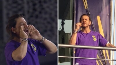 Shah Rukh Khan was seen cheering for KKR at the Eden Gardens. Shah Rukh Khan was seen cheering for KKR at the Eden Gardens.