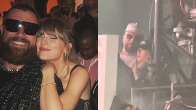 Taylor Swift lets loose with Travis Kelce, kissing and dancing during Bleachers' Coachella set (X) Taylor Swift lets loose with Travis Kelce, kissing and dancing during Bleachers' Coachella set (X)