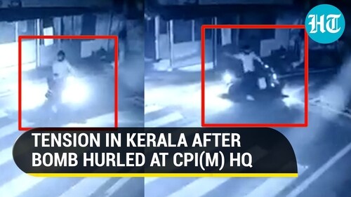 CCTV footage of a man throwing a crude bomb at the CPI(M) headquarters in Kerala's northern district, in 2022 (HT)