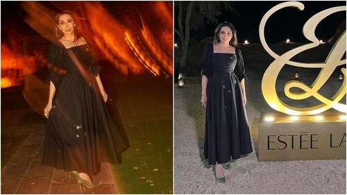 Karisma Kapoor wears a black midi dress by Saaksha and Kinni. (Instagram) Karisma Kapoor wears a black midi dress by Saaksha and Kinni. (Instagram)