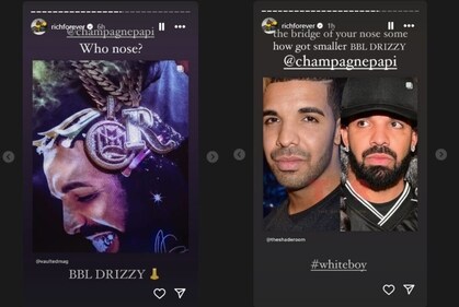 Some of Rick Ross' Instagram stories pushing for Drake's plastic surgery allegations. Some of Rick Ross' Instagram stories pushing for Drake's plastic surgery allegations.