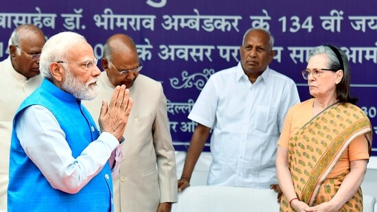 PM Narendra Modi greets as he walks past Congress Parliamentary Party Chairperson Sonia Gandhi at the tribute-paying ceremony of Dr BR Ambedkar on his birth anniversary, at the Parliament premises in New Delhi.(ANI)
