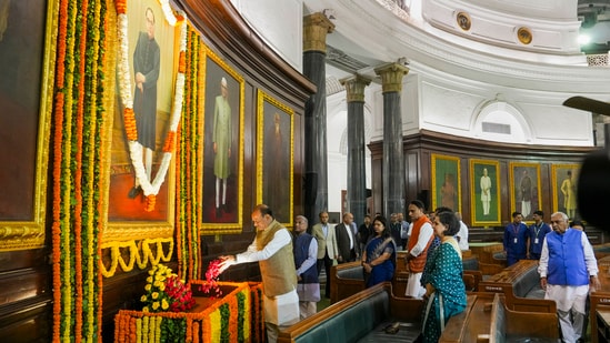 Lok Sabha Speaker Om Birla pays tribute to BR Ambedkar on his birth anniversary at Parliament in New Delhi.(PTI)