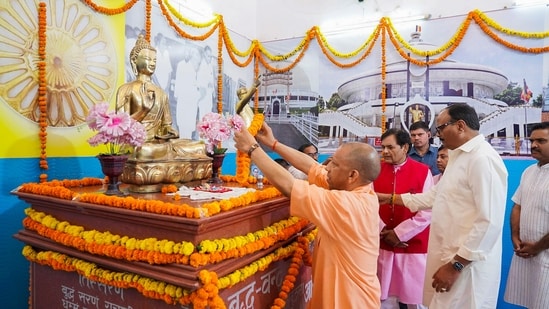 Uttar Pradesh Chief Minister Yogi Adityanath pays tribute to BR Ambedkar, the architect of the country's Constitution, on his birth anniversary, in Lucknow.(PTI)