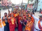 Women hold swords during a procession ahead of Rama Navami, in Ranchi.(ANI)