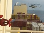 This image shows a helicopter raid targeting a vessel near the Strait of Hormuz on Saturday