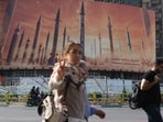 An anti-Israel billboard with a picture of Iranian missiles is seen in a street in Tehran, Iran April 15, 2024. Majid Asgaripour/WANA (West Asia News Agency) via REUTERS ATTENTION EDITORS - THIS IMAGE HAS BEEN SUPPLIED BY A THIRD PARTY.