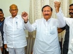Solapur: NCP President Sharad Pawar, Senior Congress leader Sushilkumar Shinde, Former Deputy Chief Minister Vijaysingh Mohite-patil and Dhairyasheel Mohite-patil after a press conference at Akluj in Solapur, Maharashtra, Sunday, April 14, 2024. (PTI Photo) (PTI04_14_2024_000249A) (PTI)