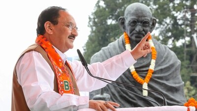 Bharatiya Janata Party (BJP) National President JP Nadda addresses a public meeting, in Mussoorie, Uttarakhand. (ANI)