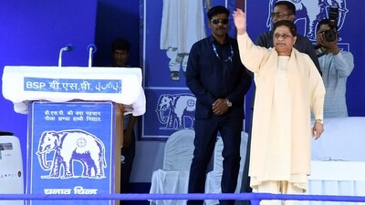 Bahujan Samaj Party (BSP) chief Mayawati during a public meeting, in support of party candidate Irfan Saifi, in Moradabad, Uttar Pradesh. (ANI)