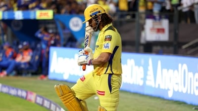 Chennai Super Kings' MS Dhoni comes out to bat during their match against Mumbai Indians in the Indian Premier League 2024, at Wankhede Stadium in Mumbai on Sunday. (IPL) Chennai Super Kings' MS Dhoni comes out to bat during their match against Mumbai Indians in the Indian Premier League 2024, at Wankhede Stadium in Mumbai on Sunday. (IPL)