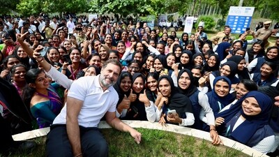 Rahul Gandhi poses for a picture with students of Nilgiri College of Arts and Science during his visit to Tamil Nadu, at Thaloor in Nilgiri on Monday. (X) Rahul Gandhi poses for a picture with students of Nilgiri College of Arts and Science during his visit to Tamil Nadu, at Thaloor in Nilgiri on Monday. (X)