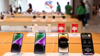 Apple iPhones are seen inside India's first Apple retail store during a media preview, a day ahead of its launch in Mumbai, India. (Reuters)