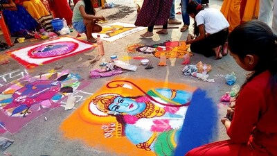 Children participate in a rangoli making competition ahead of Ram Navami festival, at Jagdalpur in Bastar district on April 14. (PTI) Children participate in a rangoli making competition ahead of Ram Navami festival, at Jagdalpur in Bastar district on April 14. (PTI)