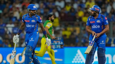 Mumbai Indians batters Rohit Sharma and Hardik Pandya during the Indian Premier League (IPL) cricket match between Chennai Super Kings and Mumbai Indians, at Wankhede Stadium in Mumbai, Sunday (PTI) Mumbai Indians batters Rohit Sharma and Hardik Pandya during the Indian Premier League (IPL) cricket match between Chennai Super Kings and Mumbai Indians, at Wankhede Stadium in Mumbai, Sunday (PTI)