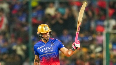 Faf du Plessis continued his charge, scoring 62 in 28 balls before falling to Pat Cummins. (PTI) Faf du Plessis continued his charge, scoring 62 in 28 balls before falling to Pat Cummins. (PTI)