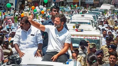Thousands of party workers and supporters turned up for the roadshow in Sultan Bathery, Wayanad. (PTI) Thousands of party workers and supporters turned up for the roadshow in Sultan Bathery, Wayanad. (PTI)