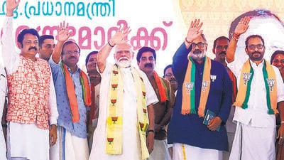 Prime Minister Narendra Modi with BJP candidates V. Muraleedharan, Rajeev Chandrasekhar and K. Surendran during a public meeting ahead of Lok Sabha elections at Kattakkada in Thiruvananthapuram district on Monday. (PTI) Prime Minister Narendra Modi with BJP candidates V. Muraleedharan, Rajeev Chandrasekhar and K. Surendran during a public meeting ahead of Lok Sabha elections at Kattakkada in Thiruvananthapuram district on Monday. (PTI)