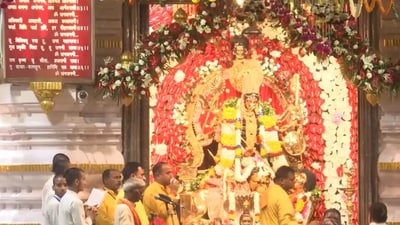 Morning aarti being performed at the Shri Aadya Katyayani Shakti Peeth temple at Chhattarpur in Delhi on Monday. (ANI) Morning aarti being performed at the Shri Aadya Katyayani Shakti Peeth temple at Chhattarpur in Delhi on Monday. (ANI)