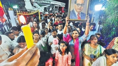 Thane, India - April ,14, 2024:On the occasion of the 133rd birth anniversary of Bharatratna Dr. Babasaheb Ambedkar, followers celebrated the birth anniversary by saluting the statue of Dr. Babasaheb Ambedkar at Court Naka in Thane at Saturday night ,in Thane, in Mumbai, India, on, Sunday, April,14, 2024. ( Praful Gangurde / HT Photo ) Thane, India - April ,14, 2024:On the occasion of the 133rd birth anniversary of Bharatratna Dr. Babasaheb Ambedkar, followers celebrated the birth anniversary by saluting the statue of Dr. Babasaheb Ambedkar at Court Naka in Thane at Saturday night ,in Thane, in Mumbai, India, on, Sunday, April,14, 2024. ( Praful Gangurde / HT Photo )