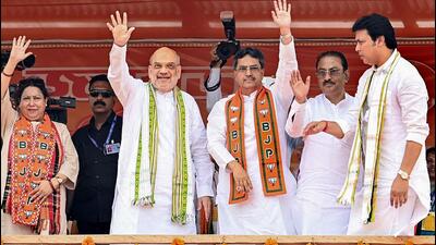 Union home minister Amit Shah during a public meeting in Kumarghat, Tripura on Monday. (PTI Photo) Union home minister Amit Shah during a public meeting in Kumarghat, Tripura on Monday. (PTI Photo)