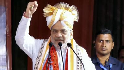 Union home minister Amit Shah speaks at a public rally ahead of the Lok Sabha polls in Manipur’s Imphal on Monday. (PTI) Union home minister Amit Shah speaks at a public rally ahead of the Lok Sabha polls in Manipur’s Imphal on Monday. (PTI)