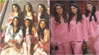 Radhika Merchant poses with her friends, including Janhvi Kapoor, during her bridal shower. (Instagram) Radhika Merchant poses with her friends, including Janhvi Kapoor, during her bridal shower. (Instagram)