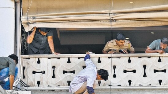 Mumbai, India. Apriil 14,2024: Two unknown individuals fired five round shots outside the Bandra-based Galaxy residence of Bollywood superstar Salman Khan early Sunday morning. A team of forensic experts and Mumbai police reached the site and collected evidence. April 14,2024. (Photo by Raju Shinde/HT Photo)