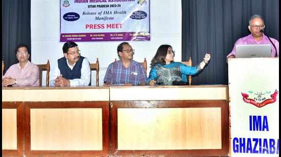 On Monday, the IMA officials held a press briefing at IMA Bhawan in Raj Nagar and put forward their charter of demands through this health manifesto. (Sakib Ali/HT Photo)